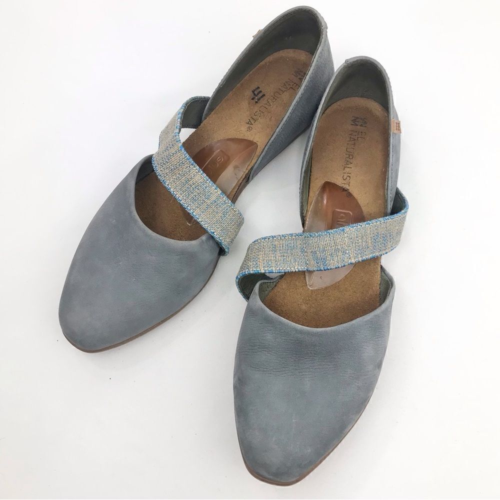 El Naturalista Blue Suede Leather Mary Jane Slip On Pointed Toe Ballet Flat Shoe
